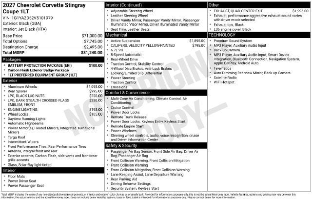 2027 Chevrolet Corvette Stingray 1LT